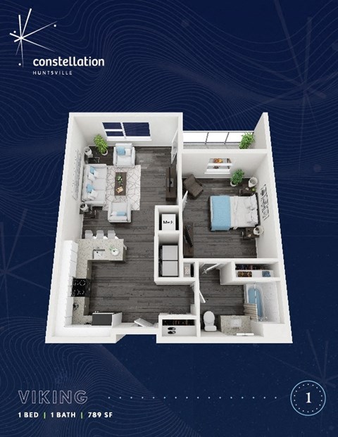 Floor plan for 1 bed, 1 bath, 789 sqft